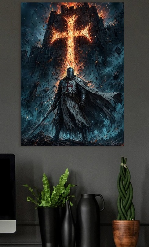Knight in Front of Burning Castle — metal poster wall art by Lineer